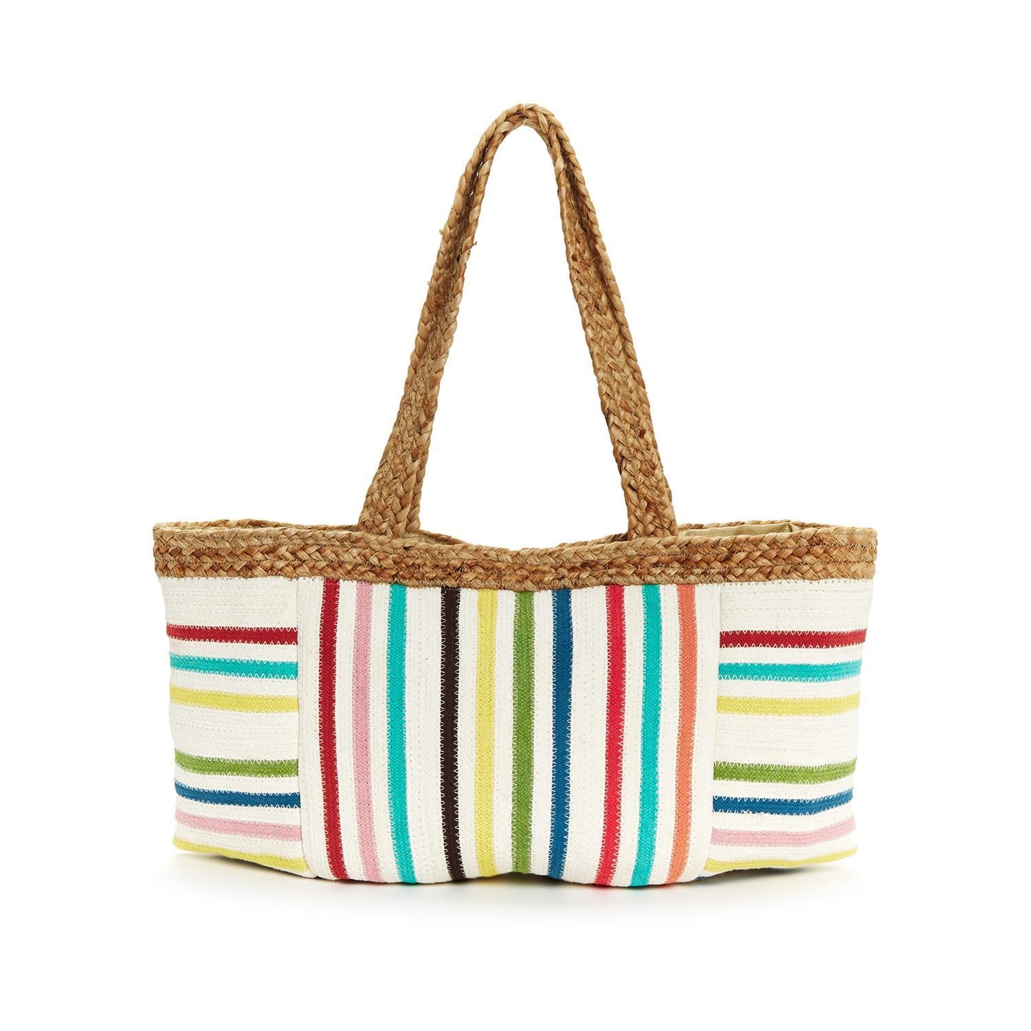 Striped Woven Jute Tote Bag