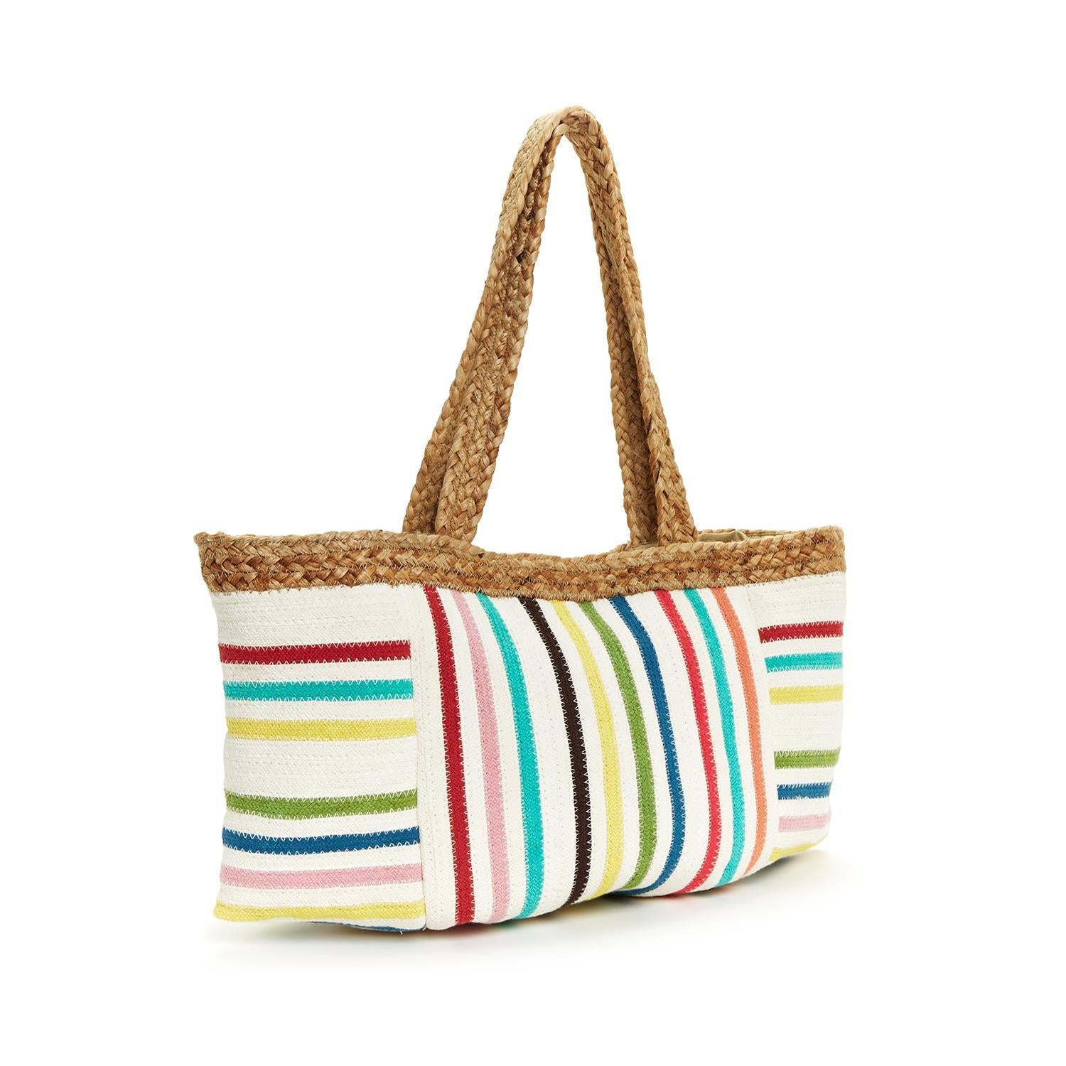 Striped Woven Jute Tote Bag