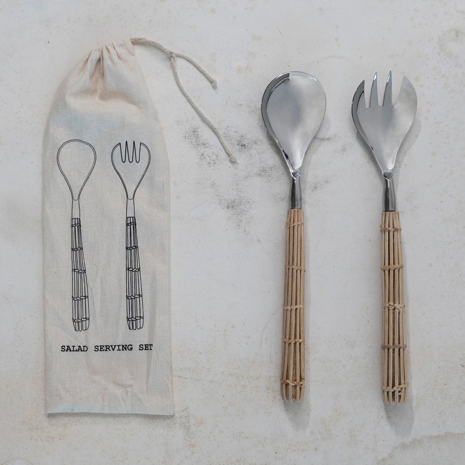Stainless Steel Salad Servers w/ Rattan Handles, Set of 2