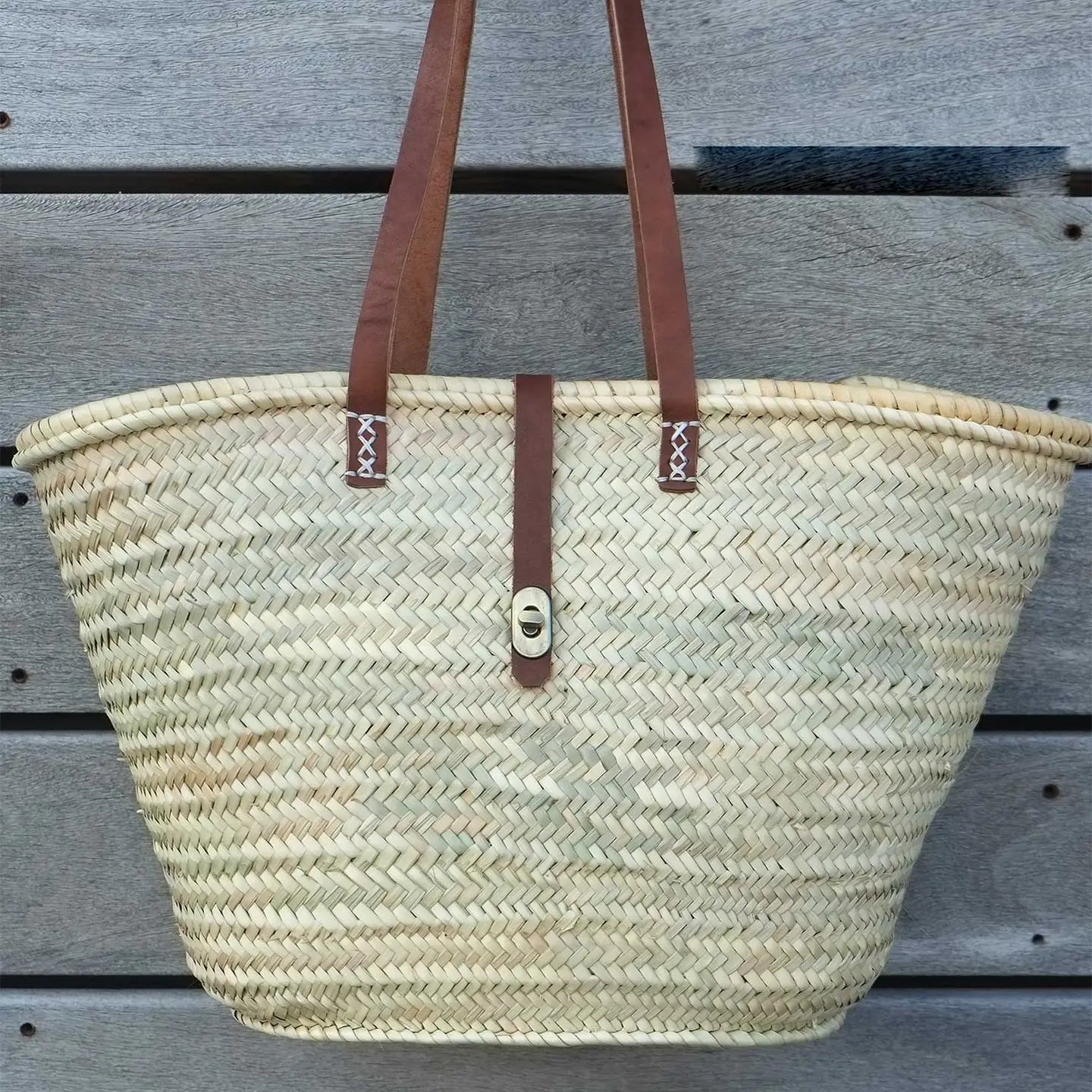 French Market Beach Basket with Leather Stripes - Rivieratowel