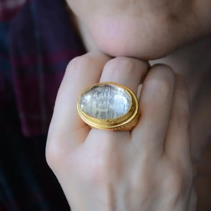 Gold Coin Ring with Faceted Clear Crystal - Rivieratowel