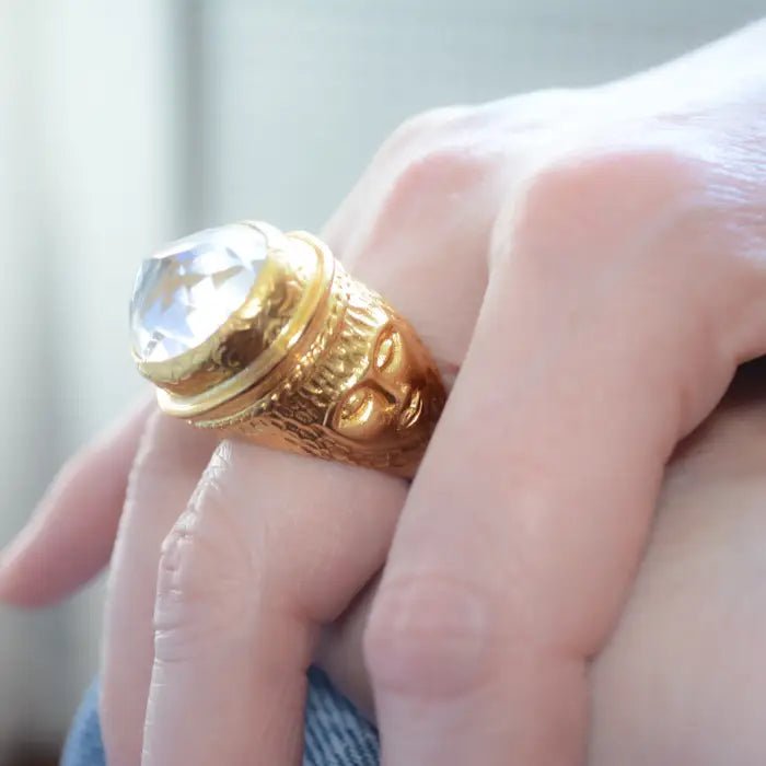 Gold Coin Ring with Faceted Clear Crystal - Rivieratowel