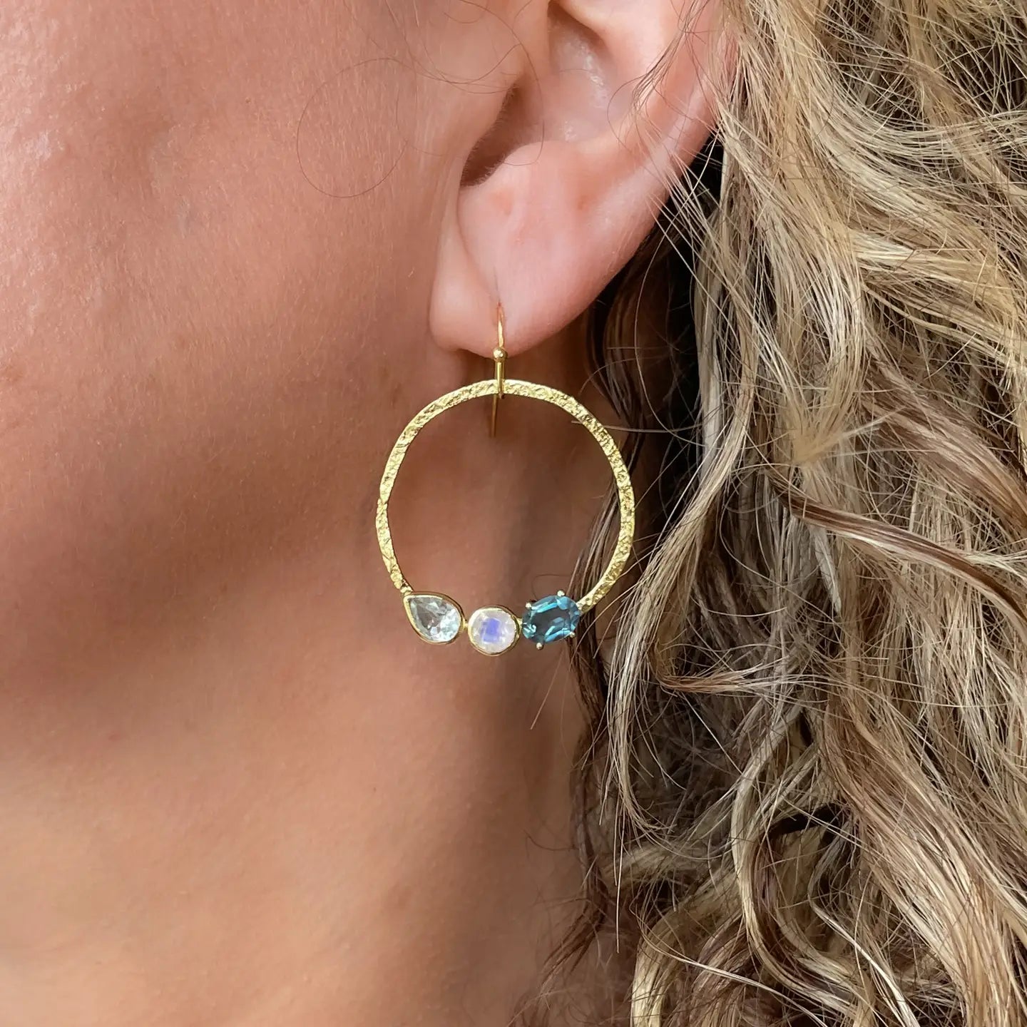 Hammered Hoops with Blue Topaz and Moonstone - Rivieratowel