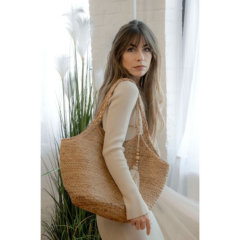 Natural Lorelei Jute Tote with Wood Bead Tassel - Rivieratowel
